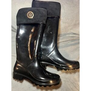 Tommy Hilfiger Women's Black Rain Boots Size 8 Logo Suede Cuff Waterproof